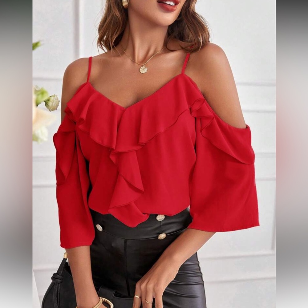 Elegant Red Ruffle Cold Shoulder Top - Picture 1 of 16